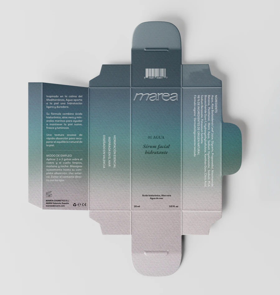 Desarrollo desplegado del packaging del sérum facial hidratante Marea