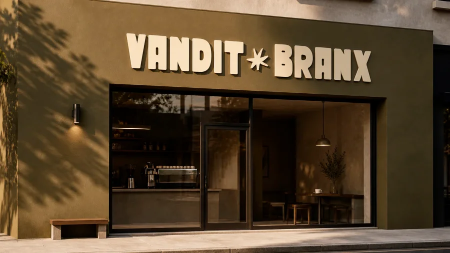Fachada de la cafetería Vandit Branx con el logotipo aplicado sobre el local